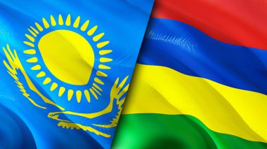 Kazakistan ve Mauritius bayrakları. 3 boyutlu dalgalanan bayrak tasarımı. Kazakistan Mauritius bayrağı, resim, duvar kağıdı. Kazakistan, Mauritius 'a karşı, görüntü 3 boyutlu. Kazakistan Mauritius ilişkileri bir ittifak