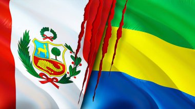 Peru ve Gabon yara izi olan bayraklar. Dalgalanan bayrak, 3 boyutlu görüntüleme. Peru ve Gabon çatışma konsepti. Peru Gabon ilişkileri kavramı. Peru ve Gabon bayrağı krizi, savaş, saldırı konsepti