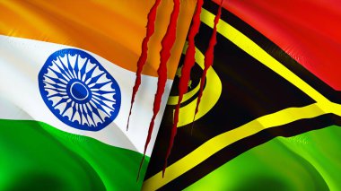 Yara izi olan Hindistan ve Vanuatu bayrakları. Dalgalanan bayrak, 3 boyutlu görüntüleme. Hindistan ve Vanuatu çatışma konsepti. Hindistan Vanuatu ilişkileri kavramı. Hindistan bayrağı ve Vanuatu krizi, savaş, saldırı konsepti