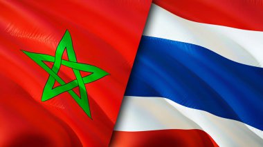 Fas ve Tayland bayrakları. 3 boyutlu dalgalanan bayrak tasarımı. Fas Tayland bayrağı, resim, duvar kağıdı. Fas, Tayland 'a karşı, görüntü 3 boyutlu. Fas-Tayland ilişkileri ittifak ve ticaret, seyahat, turnuva