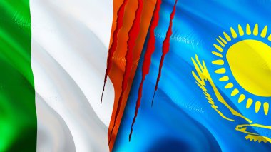 İrlanda ve Kazakistan bayraklarında yara izi var. 3D bayrak sallama. İrlanda ve Kazakistan çatışma konsepti. İrlanda Kazakistan ilişkileri kavramı. İrlanda bayrağı ve Kazakistan krizi, savaş