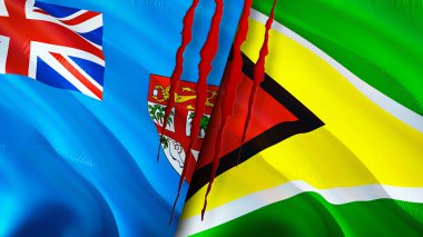Fiji ve Guyana yara izi olan bayraklar. Dalgalanan bayrak, 3 boyutlu görüntüleme. Fiji ve Guyana çatışma konsepti. Fiji Guyana ilişkileri kavramı. Fiji ve Guyana bayrağı kriz, savaş, saldırı konsepti