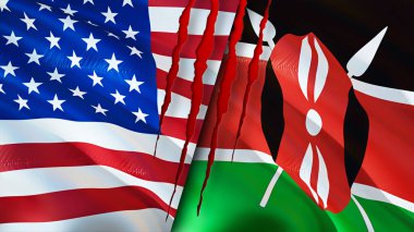 ABD ve Kenya yara izi konseptli bayraklar. Dalgalanan bayrak, 3 boyutlu görüntüleme. ABD ve Kenya çatışma konsepti. ABD Kenya ilişkileri kavramı. ABD bayrağı ve Kenya krizi, savaş, saldırı konsepti