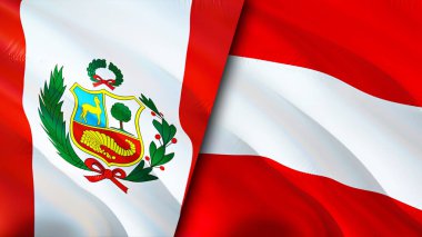 Peru ve Avusturya bayrakları. 3 boyutlu dalgalanan bayrak tasarımı. Peru Avusturya bayrağı, resim, duvar kağıdı. Peru Avusturya 'ya karşı, görüntü 3 boyutlu. Peru Avusturya ilişkileri ittifak ve ticaret, seyahat, turizm konsepti