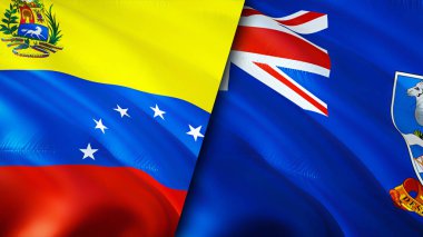 Venezuela ve Falkland Adaları bayrakları. 3 boyutlu dalgalanan bayrak tasarımı. Venezuela Falkland Adaları bayrağı, resim, duvar kağıdı. Venezuela, Falkland Adaları 'na karşı. Görüntü 3 boyutlu. Venezuela Falkland Adası
