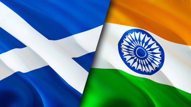 İskoçya ve Hindistan bayrakları. 3 boyutlu dalgalanan bayrak tasarımı. İskoçya Hindistan bayrağı, resim, duvar kağıdı. İskoçya Hindistan 'a karşı, görüntü 3 boyutlu. İskoçya Hindistan ilişkileri ittifak ve ticaret, seyahat, turizm konsepti