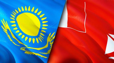 Kazakistan, Wallis ve Futuna bayrakları. 3 boyutlu dalgalanan bayrak tasarımı. Kazakistan Wallis ve Futuna bayrağı, resim, duvar kağıdı. Kazakistan, Wallis ve Futuna 'ya karşı, görüntü 3D. Kazakistan Wallis ve Futun.