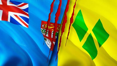 Fiji, Saint Vincent ve yara izi olan Grenadine bayrakları. Dalgalanan bayrak, 3 boyutlu görüntüleme. Fiji ve Saint Vincent ve Grenadines çatışma konsepti. Fiji Saint Vincent ve Grenadine