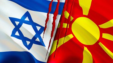 Yara izi kavramına sahip İsrail ve Kuzey Makedonya bayrakları. Dalgalanan bayrak, 3 boyutlu görüntüleme. İsrail ve Kuzey Makedonya ihtilaf kavramı. İsrail Kuzey Makedonya ilişkileri kavramı. İsrail ve Nort bayrağı