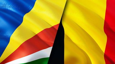 Seyşeller ve Belçika bayrakları. 3 boyutlu dalgalanan bayrak tasarımı. Seyşeller Belçika bayrağı, resim, duvar kağıdı. Seyşeller Belçika 'ya karşı, görüntü 3D. Seyşeller Belçika İlişkiler Birliği