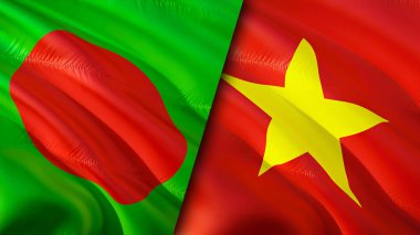Bangladeş ve Vietnam bayrakları. 3 boyutlu dalgalanan bayrak tasarımı. Bangladeş Vietnam bayrağı, resim, duvar kağıdı. Bangladeş, Vietnam 'a karşı, görüntü 3 boyutlu. Bangladeş Vietnam ilişkileri ittifakı
