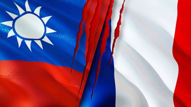 Yara izi olan Tayvan ve Fransa bayrakları. Dalgalanan bayrak, 3 boyutlu görüntüleme. Tayvan ve Fransa çatışma konsepti. Tayvan Fransa ilişkileri kavramı. Tayvan bayrağı ve Fransa krizi, savaş, saldırı konsepti