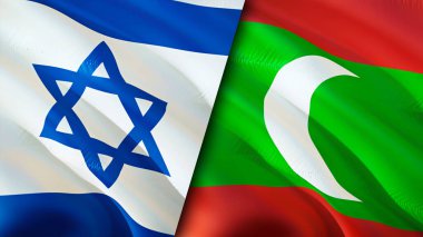 İsrail ve Maldivler bayrakları. 3 boyutlu dalgalanan bayrak tasarımı. İsrail Maldivleri bayrağı, resim, duvar kağıdı. İsrail, Maldivler 'e karşı, görüntü 3D. İsrail Maldivler ilişkileri ittifak ve ticaret, seyahat, turizm konsepti