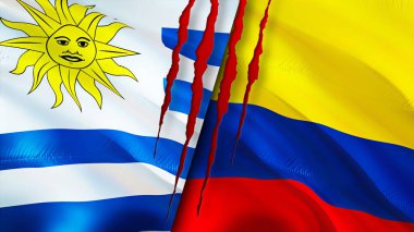 Yara izi olan Uruguay ve Kolombiya bayrakları. Dalgalanan bayrak, 3 boyutlu görüntüleme. Uruguay ve Kolombiya çatışma konsepti. Uruguay Kolombiya ilişkileri kavramı. Uruguay bayrağı ve Kolombiya krizi, savaş, attac
