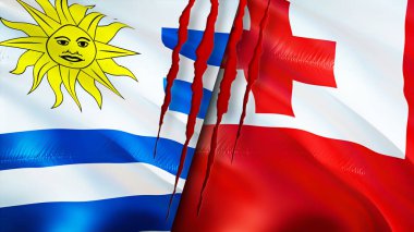 Yara izi olan Uruguay ve Tonga bayrakları. Dalgalanan bayrak, 3 boyutlu görüntüleme. Uruguay ve Tonga çatışma konsepti. Uruguay Tonga ilişkileri kavramı. Uruguay bayrağı ve Tonga krizi, savaş, saldırı konsepti
