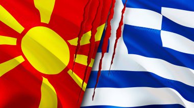 Yara izi kavramına sahip Kuzey Makedonya ve Yunanistan bayrakları. Dalgalanan bayrak, 3 boyutlu görüntüleme. Kuzey Makedonya ve Yunanistan ihtilaf kavramı. Kuzey Makedonya Yunanistan ilişkileri kavramı. Kuzey Makedonya bayrağı