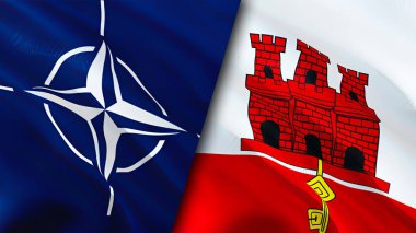 NATO ve Cebelitarık bayrakları. 3 boyutlu dalgalanan bayrak tasarımı. Cebelitarık NATO bayrağı, resim, duvar kağıdı. NATO, Cebelitarık 'a karşı, görüntü 3 boyutlu. NATO Cebelitarık ilişkileri ittifak ve Ticaret, seyahat, turizm konsepti