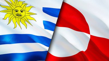 Uruguay ve Grönland bayrakları. 3 boyutlu dalgalanan bayrak tasarımı. Uruguay Grönland bayrağı, resim, duvar kağıdı. Uruguay Grönland 'a karşı, görüntü 3 boyutlu. Uruguay Grönland ilişkileri ittifak ve ticaret, seyahat, turnuva