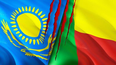 Yara izi olan Kazakistan ve Benin bayrakları. Dalgalanan bayrak, 3 boyutlu görüntüleme. Kazakistan ve Benin çatışma konsepti. Kazakistan Benin ilişkileri kavramı. Kazakistan bayrağı ve Benin krizi, savaş, attac