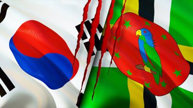 Güney Kore ve Dominica bayraklarında yara izi var. Dalgalanan bayrak, 3 boyutlu görüntüleme. Güney Kore ve Dominica çatışma konsepti. Güney Kore Dominika ilişkileri kavramı. Güney Kore ve Dominic bayrağı