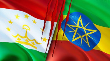 Tacikistan ve Etiyopya bayraklarında yara izi var. Dalgalanan bayrak, 3 boyutlu görüntüleme. Tacikistan ve Etiyopya çatışma konsepti. Tacikistan Etiyopya ilişkileri kavramı. Tacikistan ve Etiyopya bayrağı