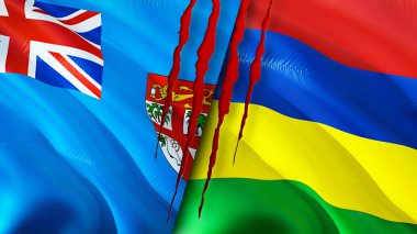 Fiji ve Mauritius yara izi olan bayraklar. Dalgalanan bayrak, 3 boyutlu görüntüleme. Fiji ve Mauritius çatışma konsepti. Fiji Mauritius ilişkileri kavramı. Fiji ve Mauritius bayrağı kriz, savaş, saldırı konsepti