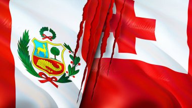 Yara izi olan Peru ve Tonga bayrakları. Dalgalanan bayrak, 3 boyutlu görüntüleme. Peru ve Tonga çatışma konsepti. Peru Tonga ilişkileri kavramı. Peru ve Tonga bayrağı krizi, savaş, saldırı konsepti