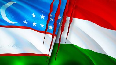 Yara izi olan Özbekistan ve Macaristan bayrakları. Dalgalanan bayrak, 3 boyutlu görüntüleme. Özbekistan ve Macaristan ihtilaf kavramı. Özbekistan Macaristan ilişkileri kavramı. Özbekistan ve Macaristan krizi bayrağı, savaş