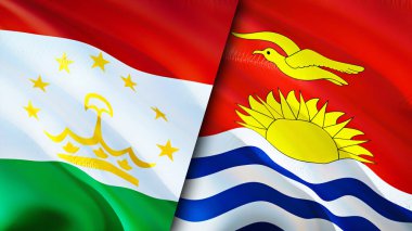 Tacikistan ve Kiribati bayrakları. 3 boyutlu dalgalanan bayrak tasarımı. Tacikistan Kiribati bayrağı, resim, duvar kağıdı. Tacikistan, Kiribati 'ye karşı 3 boyutlu görüntü. Tacikistan Kiribati ilişkiler ittifakı