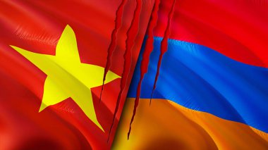 Vietnam ve Ermenistan bayrakları. 3 boyutlu dalgalanan bayrak tasarımı. Vietnam Ermenistan bayrağı, resim, duvar kağıdı. Vietnam, Ermenistan imajına karşı, 3 boyutlu canlandırma. Vietnam Ermenistan ilişkileri ittifak ve ticaret, seyahat, turizm konsepti