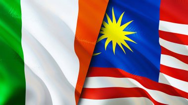 İrlanda ve Malezya bayrakları. 3 boyutlu dalgalanan bayrak tasarımı. İrlanda Malezya bayrağı, resim, duvar kağıdı. İrlanda, Malezya 'ya karşı, görüntü 3D. İrlanda Malezya ilişkileri savaş ittifakı kavramı. Ticaret, turnuva