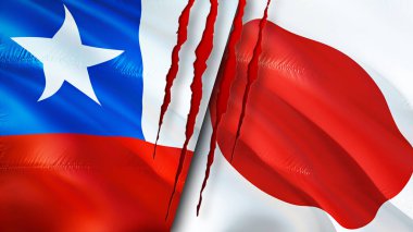 Şili ve Japonya yara izi olan bayraklar. Dalgalanan bayrak, 3 boyutlu görüntüleme. Şili ve Japonya çatışma konsepti. Şili Japonya ilişkileri kavramı. Şili bayrağı ve Japonya krizi, savaş, saldırı konsepti