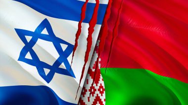 Yara izi olan İsrail ve Belarus bayrakları. Dalgalanan bayrak, 3 boyutlu görüntüleme. İsrail ve Belarus çatışma konsepti. İsrail Belarus ilişkileri kavramı. İsrail bayrağı ve Belarus krizi, savaş, saldırı konsepti