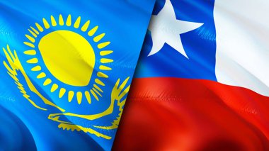 Kazakistan ve Şili bayrakları. 3 boyutlu dalgalanan bayrak tasarımı. Kazakistan Şili bayrağı, resim, duvar kağıdı. Kazakistan, Şili 'ye karşı 3 boyutlu görüntü. Kazakistan Şili ilişkileri ittifak ve ticaret, seyahat, turnuva