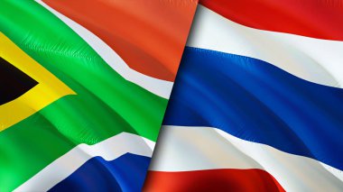 Güney Afrika ve Tayland bayrakları. 3 boyutlu dalgalanan bayrak tasarımı. Güney Afrika Tayland bayrağı, resim, duvar kağıdı. Güney Afrika, Tayland 'a karşı, görüntü 3 boyutlu. Güney Afrika Tayland ilişkileri ittifakı