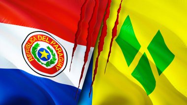 Paraguay, Saint Vincent ve yara izi olan Grenadine bayrakları. Dalgalanan bayrak, 3 boyutlu görüntüleme. Paraguay, Saint Vincent ve Grenadine çatışma konsepti. Paraguay Saint Vincent ve...