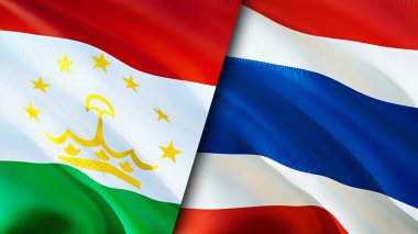 Tacikistan ve Tayland bayrakları. 3 boyutlu dalgalanan bayrak tasarımı. Tacikistan Tayland bayrağı, resim, duvar kağıdı. Tacikistan, Tayland görüntüsüne karşı, 3 boyutlu görüntüleme. Tacikistan Tayland ilişkileri