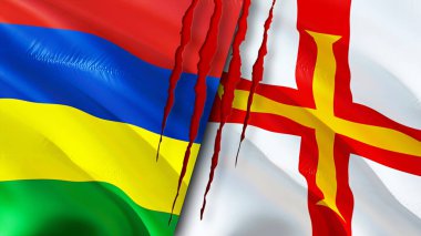 Mauritius ve Guernsey yara izi olan bayraklar. Dalgalanan bayrak, 3 boyutlu görüntüleme. Mauritius ve Guernsey çatışma konsepti. Mauritius Guernsey ilişkileri konsepti. Mauritius bayrağı ve Guernsey krizi, savaş