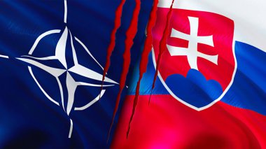 NATO ve Slovakya yara izi kavramına sahip bayraklar. Dalgalanan bayrak, 3 boyutlu görüntüleme. Slovakya ve NATO çatışma konsepti. NATO Slovakya ilişkileri kavramı. NATO ve Slovakya bayrağı krizi, savaş, saldırı konsepti
