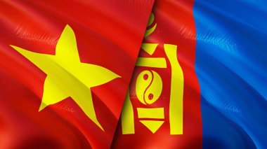 Vietnam ve Moğolistan bayrakları. Dalgalanan bayrak, 3 boyutlu görüntüleme. Vietnam ve Moğolistan çatışma konsepti. Vietnam Moğolistan ilişkileri kavramı. Vietnam bayrağı ve Moğolistan krizi, savaş, attac