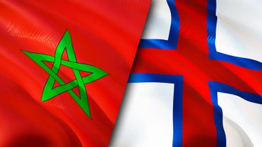 Fas ve Faroe Adaları bayrakları. 3 boyutlu dalgalanan bayrak tasarımı. Fas Faroe Adaları bayrağı, resim, duvar kağıdı. Fas, Faroe Adaları 'na karşı. Görüntü 3D. Fas Faroe Adaları İlişkiler Birliği