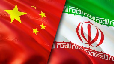 Çin ve İran bayrakları. 3 boyutlu dalgalanan bayrak tasarımı. Çin İran bayrağı, resim, duvar kağıdı. Çin, İran 'a karşı, görüntü 3 boyutlu. Çin İran ilişkileri ittifak ve ticaret, seyahat, turizm konsepti