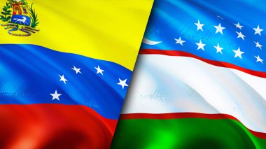 Venezuela ve Özbekistan bayrakları. 3 boyutlu dalgalanan bayrak tasarımı. Venezuela Özbekistan bayrağı, resim, duvar kağıdı. Venezuela, Özbekistan 'a karşı, görüntü 3 boyutlu. Venezuela Özbekistan ilişkileri