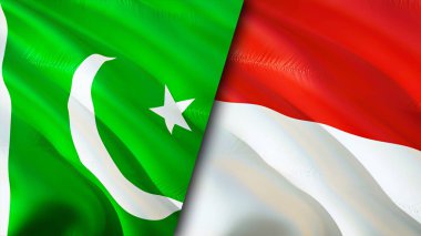 Pakistan ve Endonezya bayrakları. 3 boyutlu dalgalanan bayrak tasarımı. Pakistan Endonezya bayrağı, resim, duvar kağıdı. Pakistan, Endonezya 'ya karşı, görüntü 3 boyutlu. Pakistan Endonezya ilişkileri