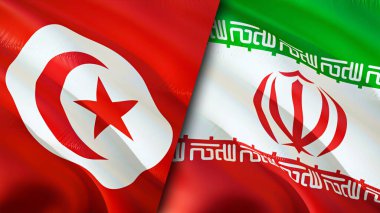 Tunus ve İran bayrakları. 3 boyutlu dalgalanan bayrak tasarımı. Tunus İran bayrağı, resim, duvar kağıdı. Tunus, İran 'a karşı imaj, 3D görüntüleme. Tunus İran ilişkileri ittifak ve ticaret, seyahat, turizm konsepti