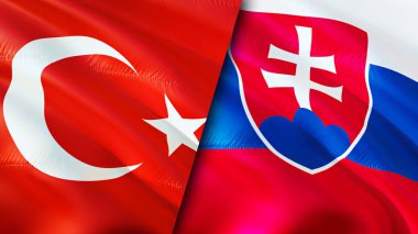 Türkiye ve Slovakya bayrakları. 3 boyutlu dalgalanan bayrak tasarımı. Türkiye Slovakya bayrağı, resim, duvar kağıdı. Türkiye, Slovakya 'ya karşı görüntü, 3D görüntüleme. Türkiye Slovakya ilişkileri ittifak ve Ticaret, seyahat, turizm consepti