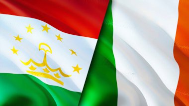 Tacikistan ve İrlanda bayrakları. 3 boyutlu dalgalanan bayrak tasarımı. Tacikistan İrlanda bayrağı, resim, duvar kağıdı. Tacikistan, İrlanda imajına karşı, 3D görüntüleme. Tacikistan İrlanda ilişkileri