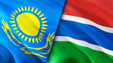 Kazakistan ve Gambiya bayrakları. 3 boyutlu dalgalanan bayrak tasarımı. Kazakistan Gambiya bayrağı, resim, duvar kağıdı. Kazakistan Gambiya 'ya karşı, görüntü 3 boyutlu. Kazakistan Gambiya ilişkileri ittifak ve ticaret, seyahat, turnuva