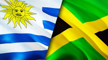Uruguay ve Jamaika bayrakları. 3 boyutlu dalgalanan bayrak tasarımı. Uruguay Jamaika bayrağı, resim, duvar kağıdı. Uruguay, Jamaika 'ya karşı 3 boyutlu görüntü. Uruguay Jamaika ilişkileri ittifak ve ticaret, seyahat, turizm konsepti