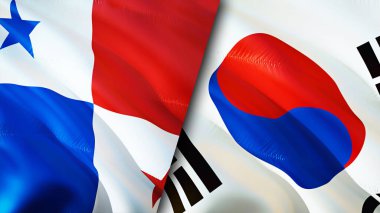 Panama ve Güney Kore bayrakları. 3 boyutlu dalgalanan bayrak tasarımı. Panama Güney Kore bayrağı, resim, duvar kağıdı. Panama, Güney Kore imajına karşı, 3 boyutlu görüntüleme. Panama Güney Kore ilişkileri ittifakı
